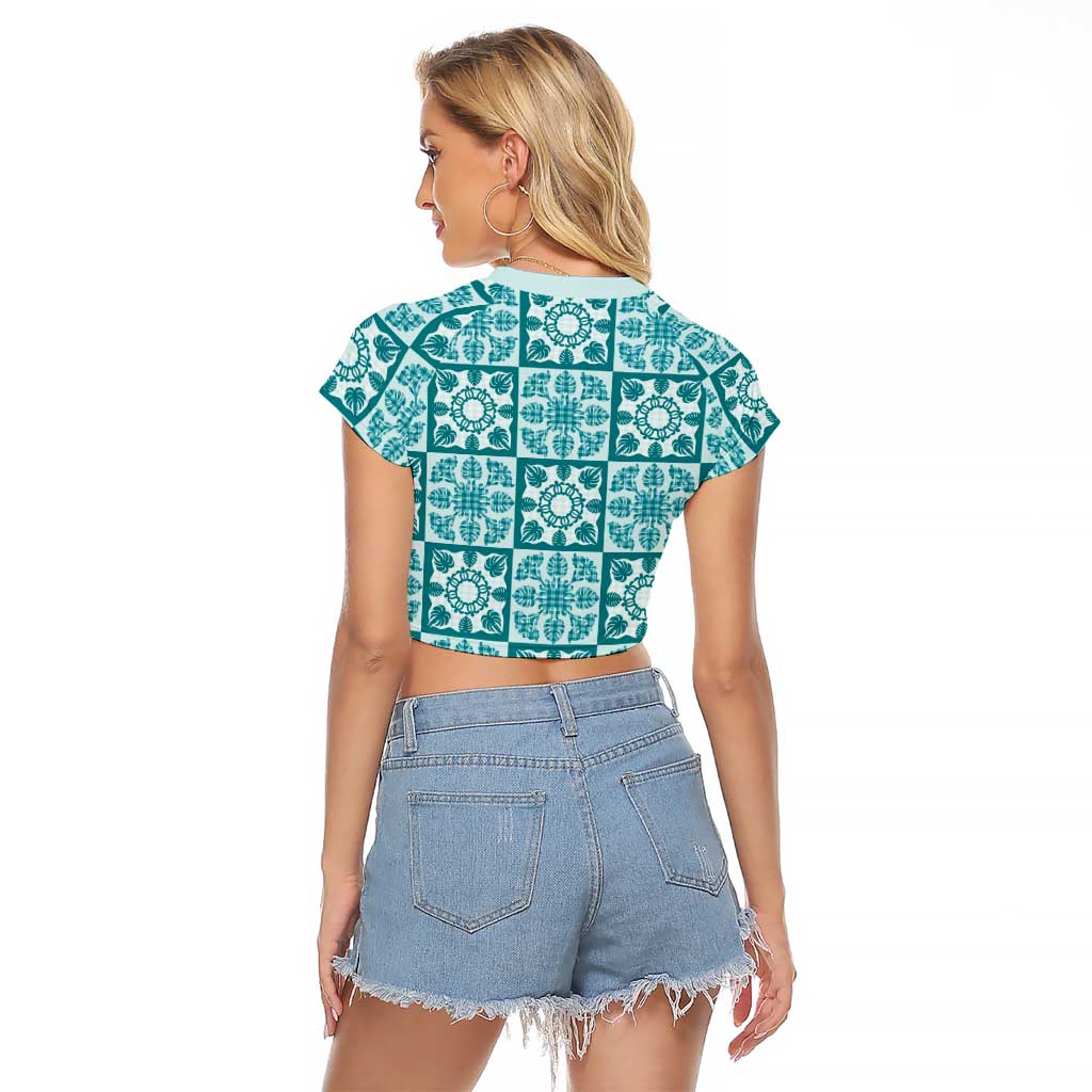 Cyan Palaka Quilt Hawaii Raglan Cropped T Shirt Hawaiian Tropical Monstera Sea Turtle LT14 - Polynesian Pride