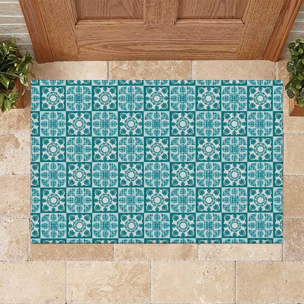 Cyan Palaka Quilt Hawaii Rubber Doormat Hawaiian Tropical Monstera Sea Turtle LT14 Cyan - Polynesian Pride