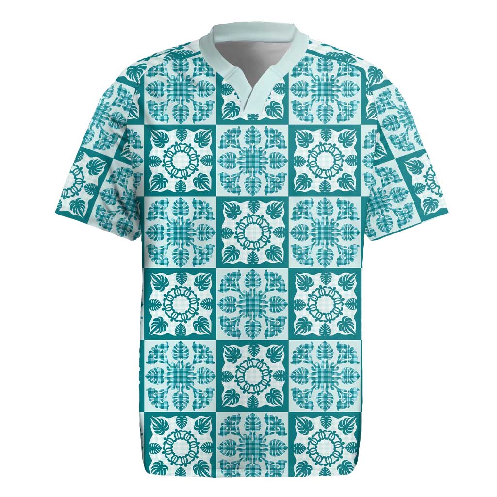 Cyan Palaka Quilt Hawaii Rugby Jersey Hawaiian Tropical Monstera Sea Turtle