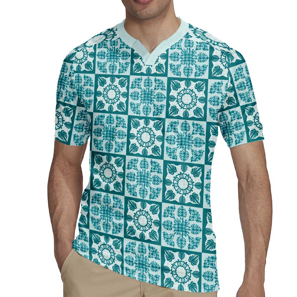Cyan Palaka Quilt Hawaii Rugby Jersey Hawaiian Tropical Monstera Sea Turtle