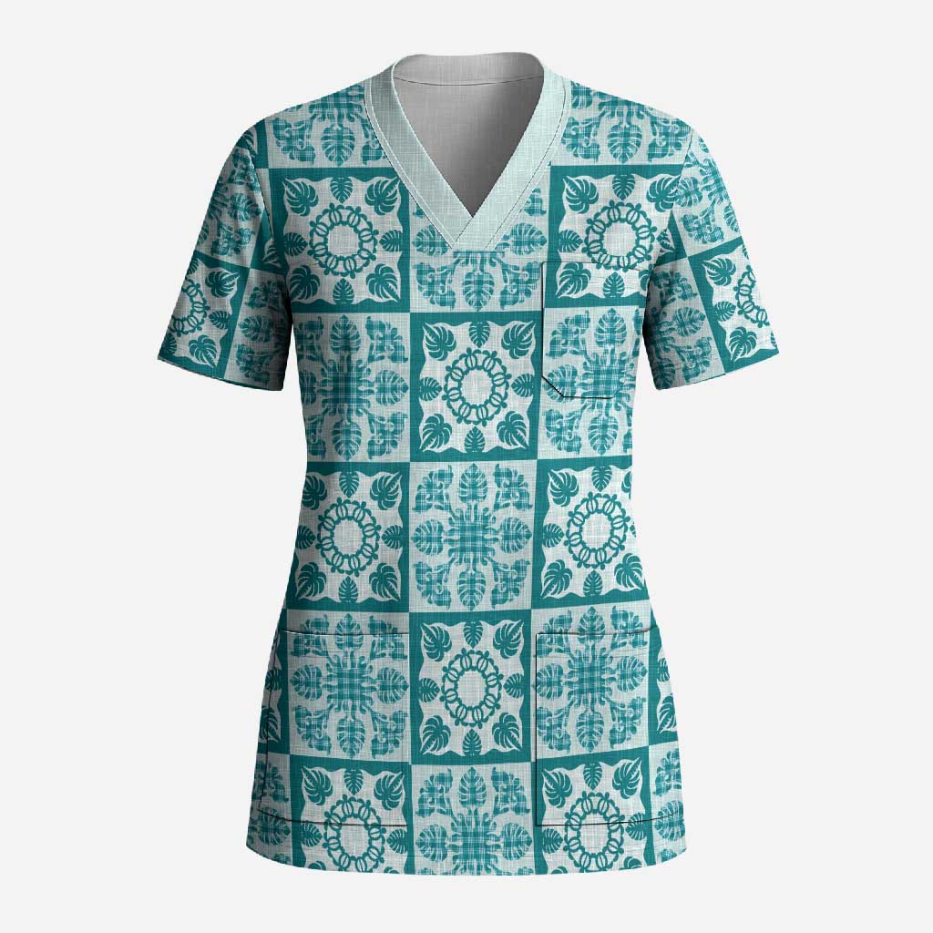Cyan Palaka Quilt Hawaii Scrub Top Hawaiian Tropical Monstera Sea Turtle LT14 Adult Cyan - Polynesian Pride
