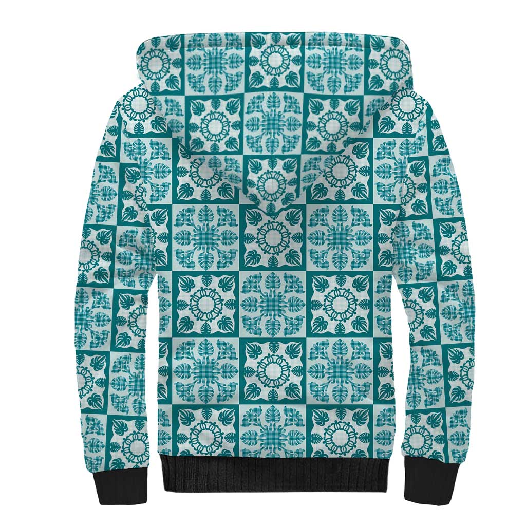 Cyan Palaka Quilt Hawaii Sherpa Hoodie Hawaiian Tropical Monstera Sea Turtle
