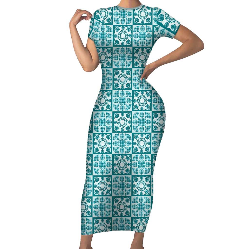 Cyan Palaka Quilt Hawaii Short Sleeve Bodycon Dress Hawaiian Tropical Monstera Sea Turtle LT14 Long Dress Cyan - Polynesian Pride