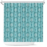 Cyan Palaka Quilt Hawaii Shower Curtain Hawaiian Tropical Monstera Sea Turtle