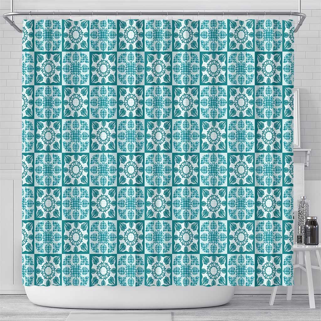 Cyan Palaka Quilt Hawaii Shower Curtain Hawaiian Tropical Monstera Sea Turtle