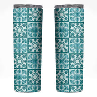 Cyan Palaka Quilt Hawaii Skinny Tumbler Hawaiian Tropical Monstera Sea Turtle LT14 Cyan - Polynesian Pride