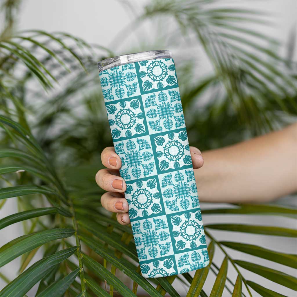 Cyan Palaka Quilt Hawaii Skinny Tumbler Hawaiian Tropical Monstera Sea Turtle LT14 - Polynesian Pride