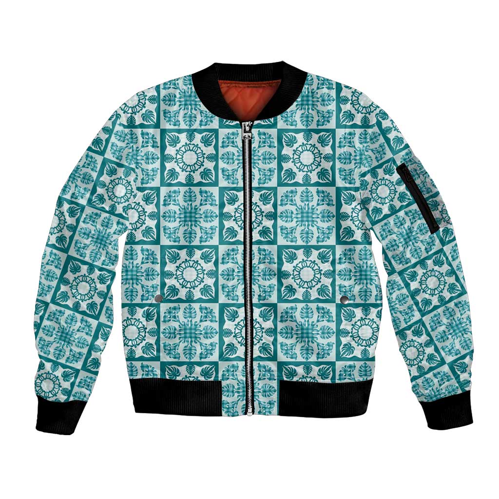 Cyan Palaka Quilt Hawaii Sleeve Zip Bomber Jacket Hawaiian Tropical Monstera Sea Turtle