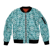 Cyan Palaka Quilt Hawaii Sleeve Zip Bomber Jacket Hawaiian Tropical Monstera Sea Turtle