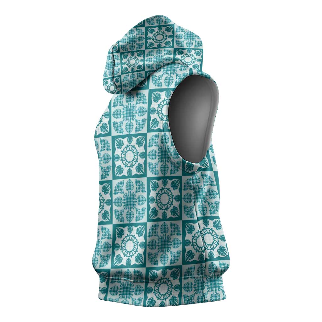 Cyan Palaka Quilt Hawaii Sleeveless Hoodie Hawaiian Tropical Monstera Sea Turtle LT14 - Polynesian Pride