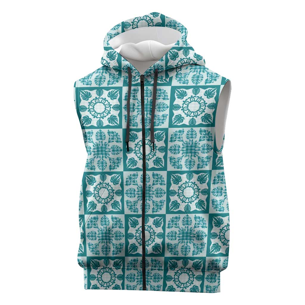 Cyan Palaka Quilt Hawaii Sleeveless Zip Hoodie Hawaiian Tropical Monstera Sea Turtle LT14 Cyan - Polynesian Pride