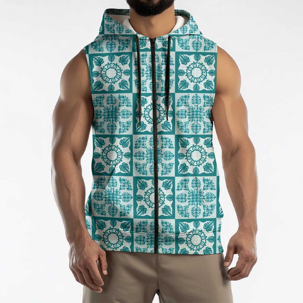 Cyan Palaka Quilt Hawaii Sleeveless Zip Hoodie Hawaiian Tropical Monstera Sea Turtle LT14 - Polynesian Pride