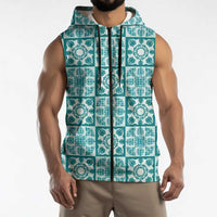 Cyan Palaka Quilt Hawaii Sleeveless Zip Hoodie Hawaiian Tropical Monstera Sea Turtle LT14 - Polynesian Pride