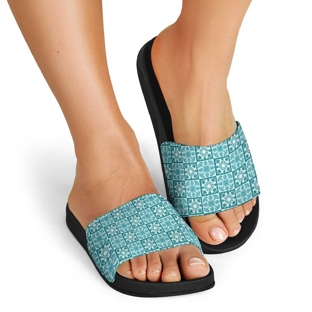 Cyan Palaka Quilt Hawaii Slide Sandals Hawaiian Tropical Monstera Sea Turtle