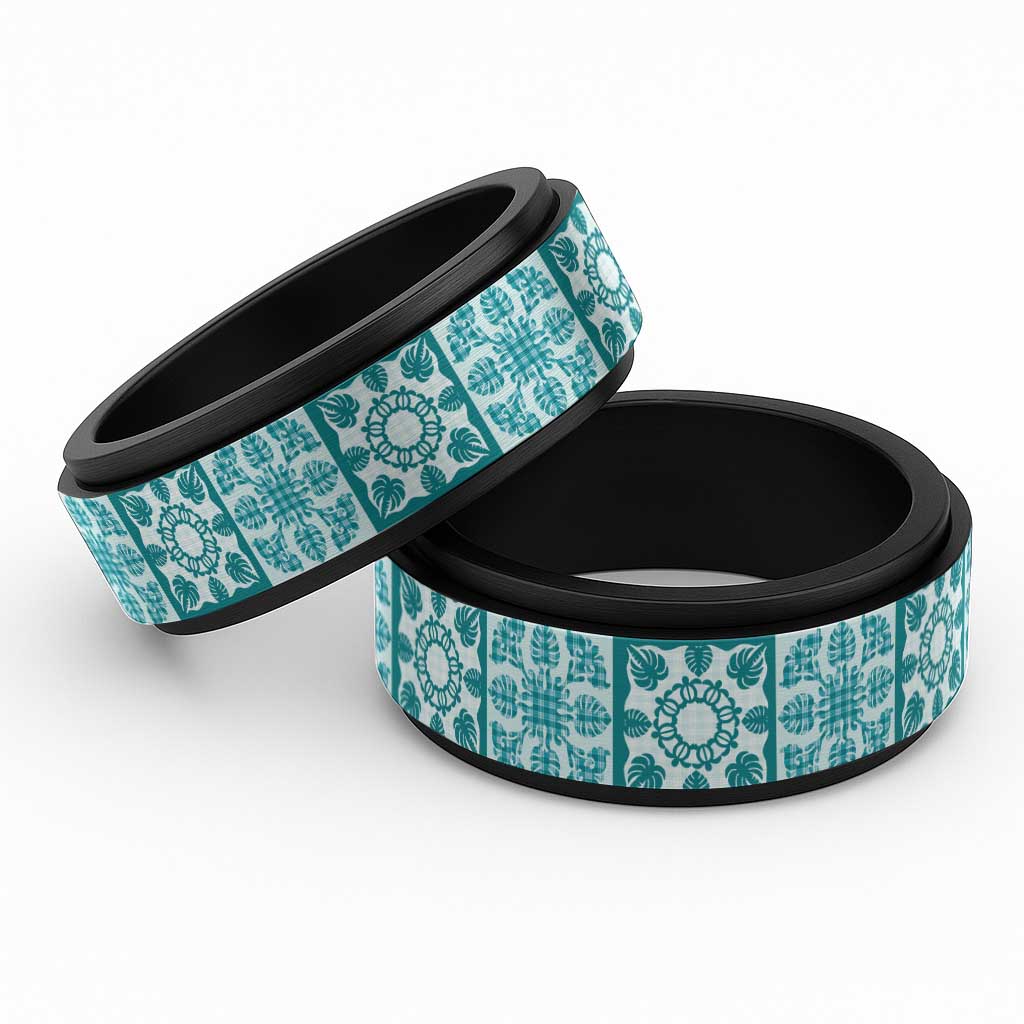 Cyan Palaka Quilt Hawaii Spinner Ring Hawaiian Tropical Monstera Sea Turtle LT14 Black Cyan - Polynesian Pride