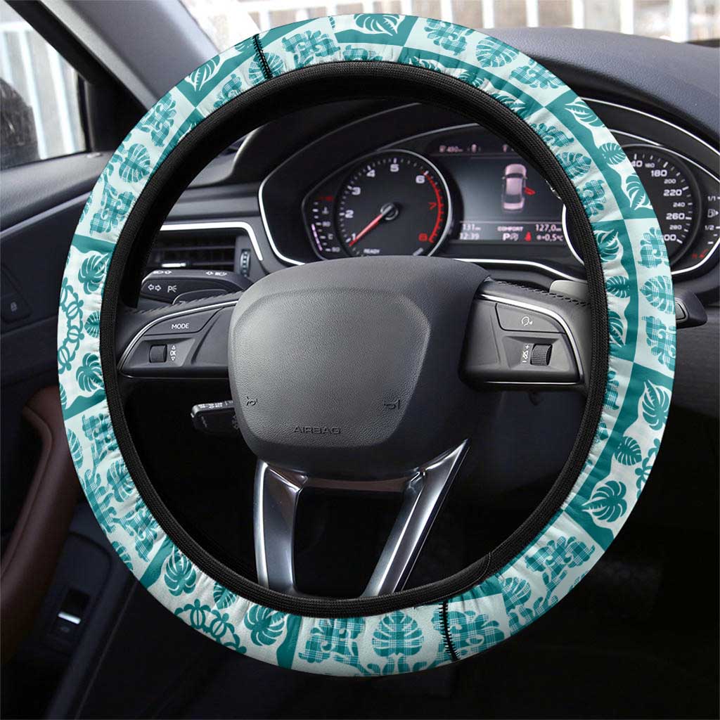 Cyan Palaka Quilt Hawaii Steering Wheel Cover Hawaiian Tropical Monstera Sea Turtle