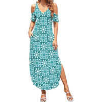 Cyan Palaka Quilt Hawaii Summer Maxi Dress Hawaiian Tropical Monstera Sea Turtle