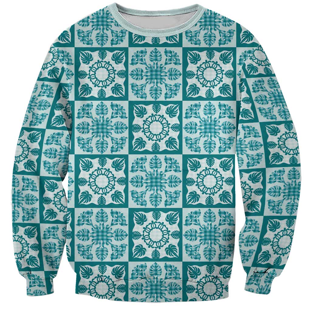 Cyan Palaka Quilt Hawaii Sweatshirt Hawaiian Tropical Monstera Sea Turtle