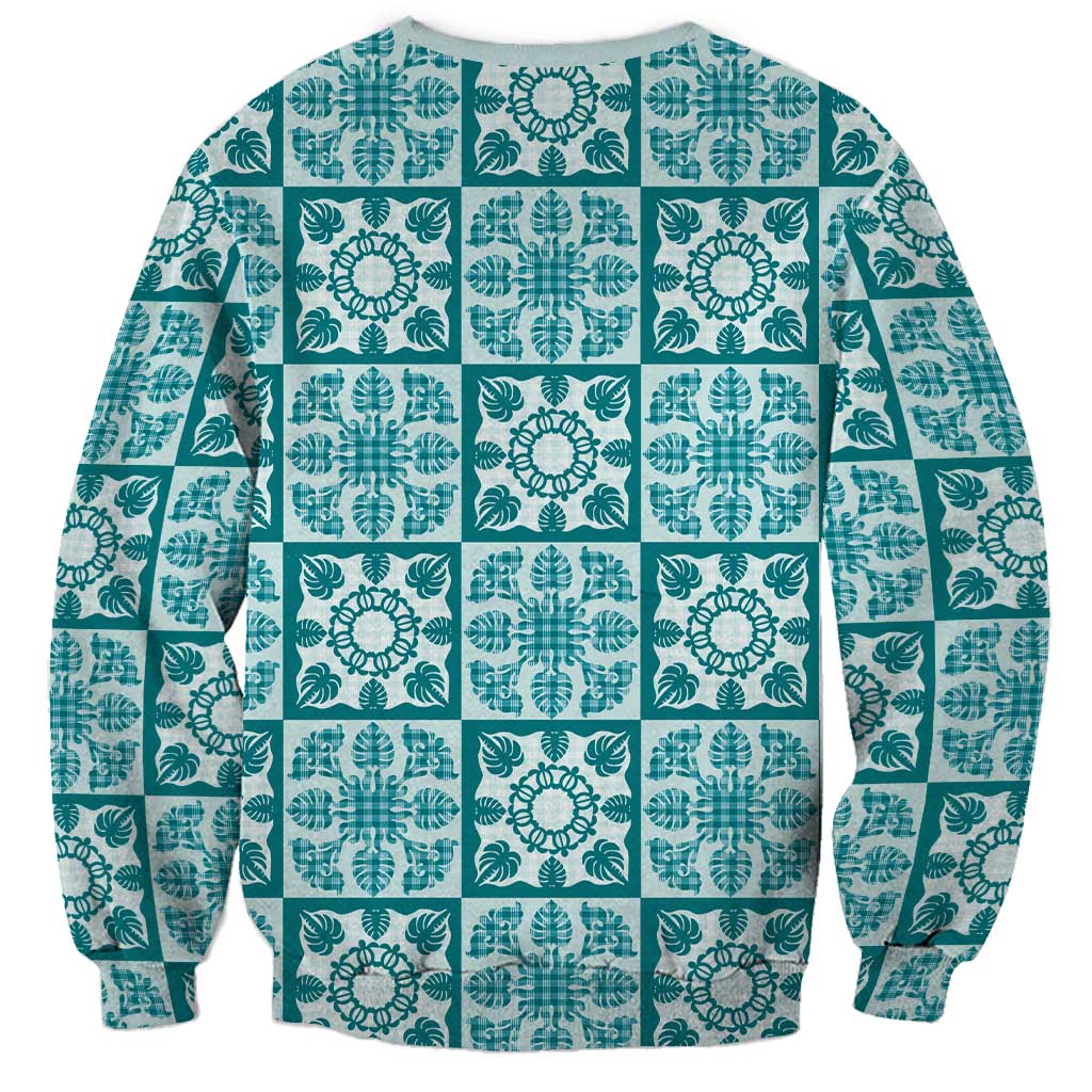 Cyan Palaka Quilt Hawaii Sweatshirt Hawaiian Tropical Monstera Sea Turtle
