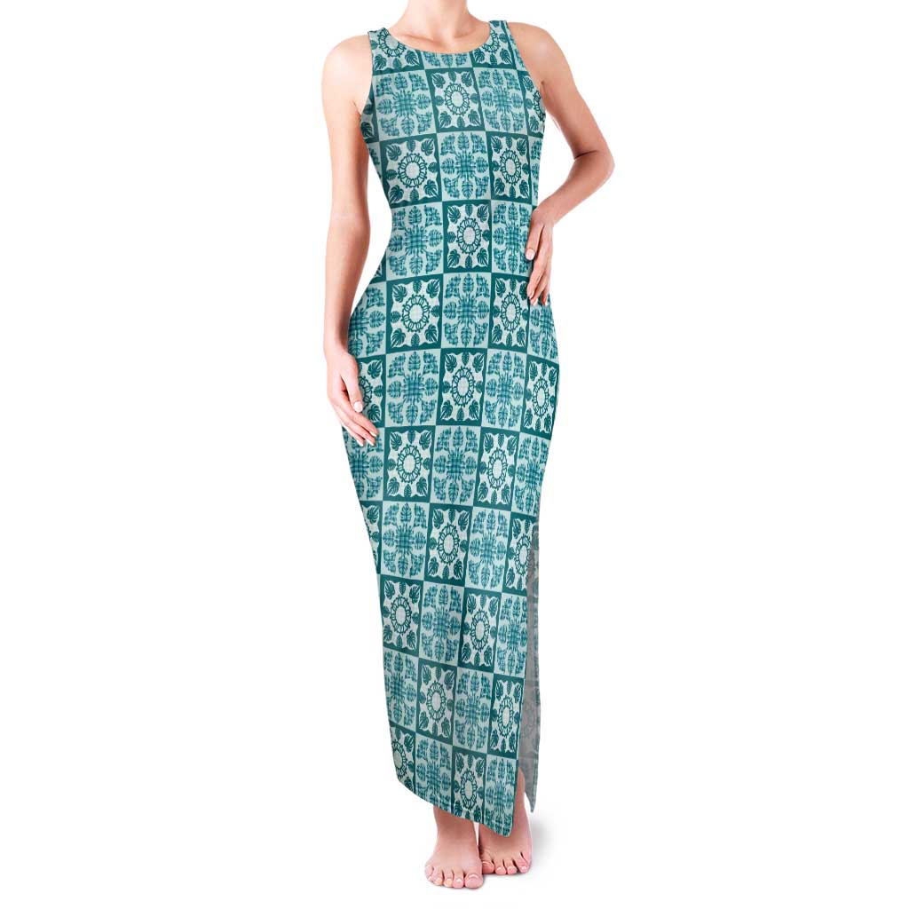 Cyan Palaka Quilt Hawaii Tank Maxi Dress Hawaiian Tropical Monstera Sea Turtle
