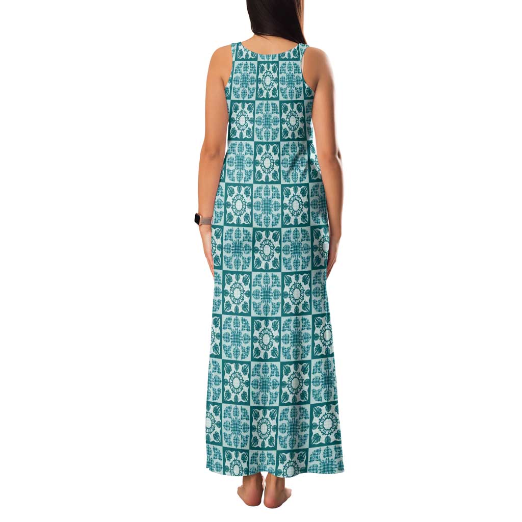 Cyan Palaka Quilt Hawaii Tank Maxi Dress Hawaiian Tropical Monstera Sea Turtle