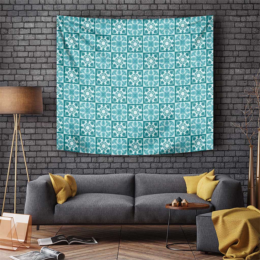 Cyan Palaka Quilt Hawaii Tapestry Hawaiian Tropical Monstera Sea Turtle LT14 Cyan - Polynesian Pride