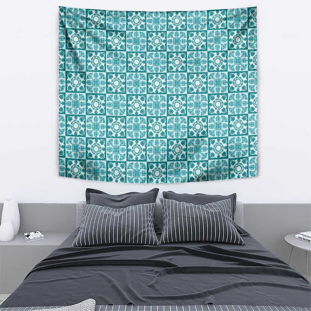 Cyan Palaka Quilt Hawaii Tapestry Hawaiian Tropical Monstera Sea Turtle LT14 - Polynesian Pride
