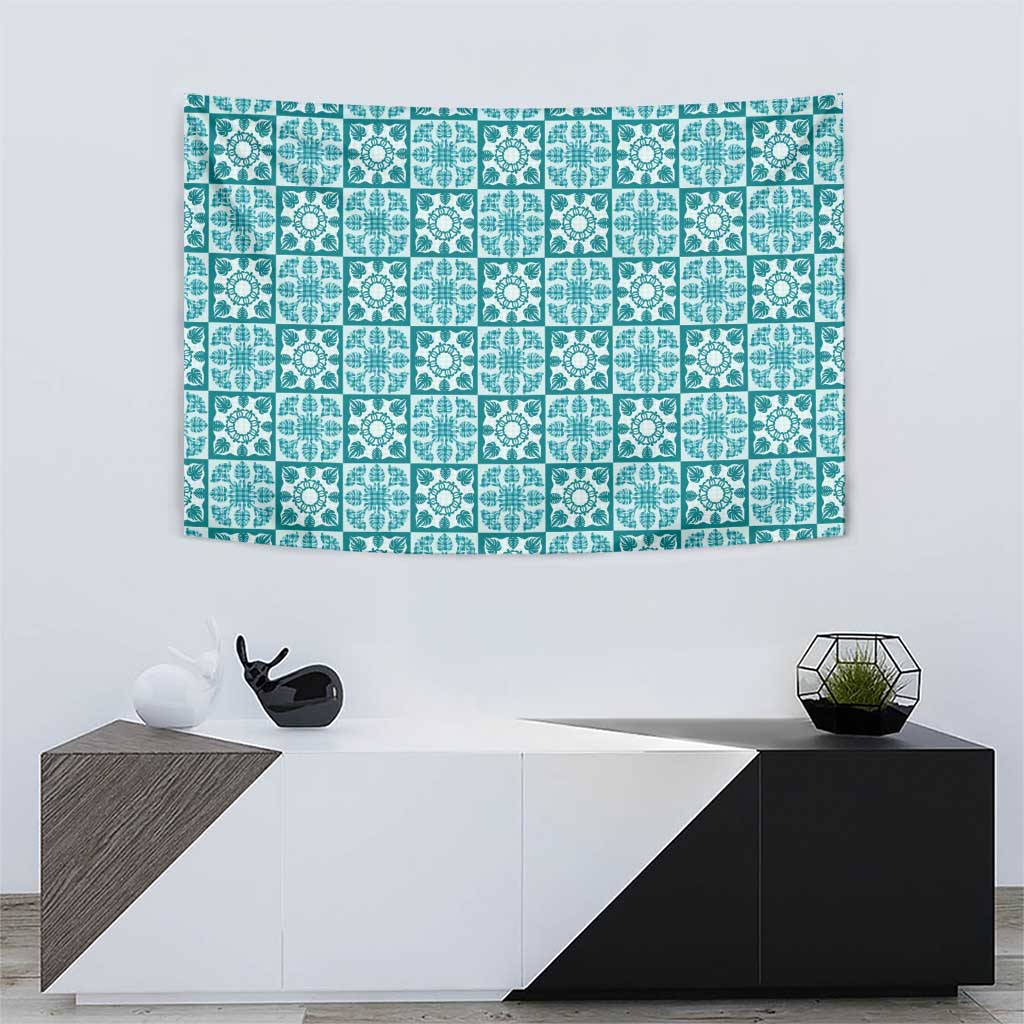 Cyan Palaka Quilt Hawaii Tapestry Hawaiian Tropical Monstera Sea Turtle LT14 - Polynesian Pride