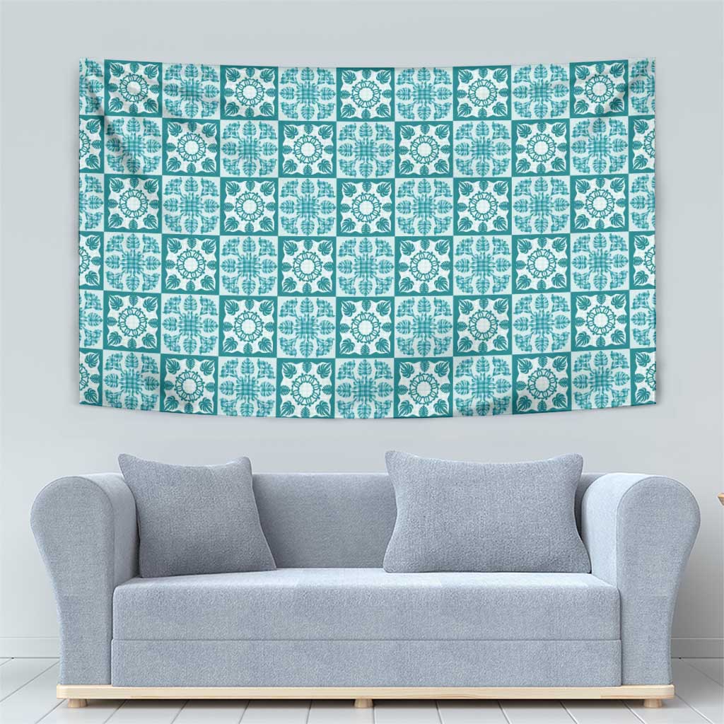 Cyan Palaka Quilt Hawaii Tapestry Hawaiian Tropical Monstera Sea Turtle LT14 - Polynesian Pride