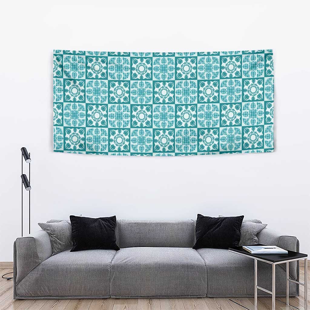 Cyan Palaka Quilt Hawaii Tapestry Hawaiian Tropical Monstera Sea Turtle LT14 - Polynesian Pride
