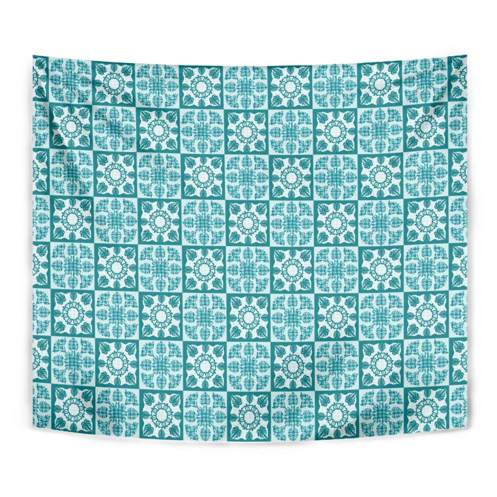 Cyan Palaka Quilt Hawaii Tapestry Hawaiian Tropical Monstera Sea Turtle LT14 - Polynesian Pride
