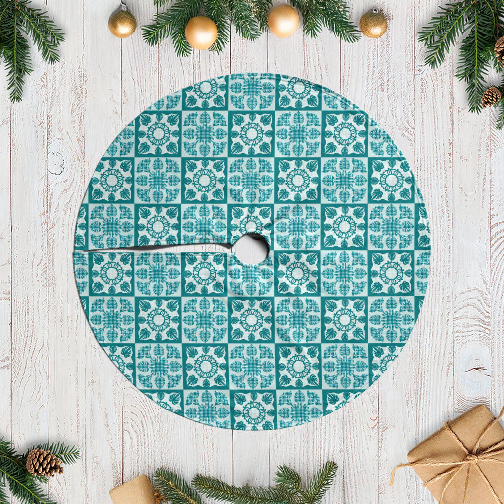 Cyan Palaka Quilt Hawaii Tree Skirt Hawaiian Tropical Monstera Sea Turtle LT14 Casual Cyan - Polynesian Pride