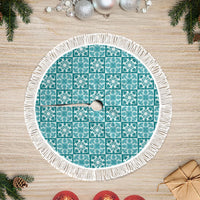 Cyan Palaka Quilt Hawaii Tree Skirt Hawaiian Tropical Monstera Sea Turtle LT14 Fringed Cyan - Polynesian Pride