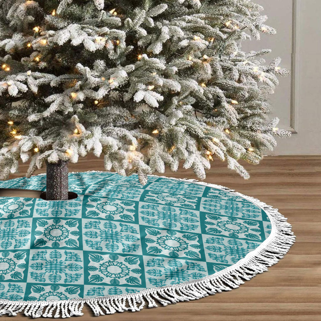 Cyan Palaka Quilt Hawaii Tree Skirt Hawaiian Tropical Monstera Sea Turtle LT14 - Polynesian Pride