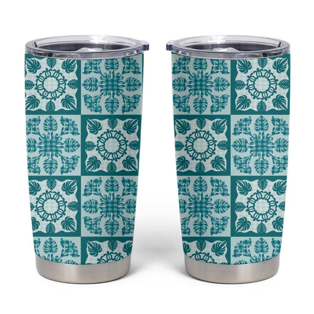 Cyan Palaka Quilt Hawaii Tumbler Cup Hawaiian Tropical Monstera Sea Turtle LT14 Cyan - Polynesian Pride