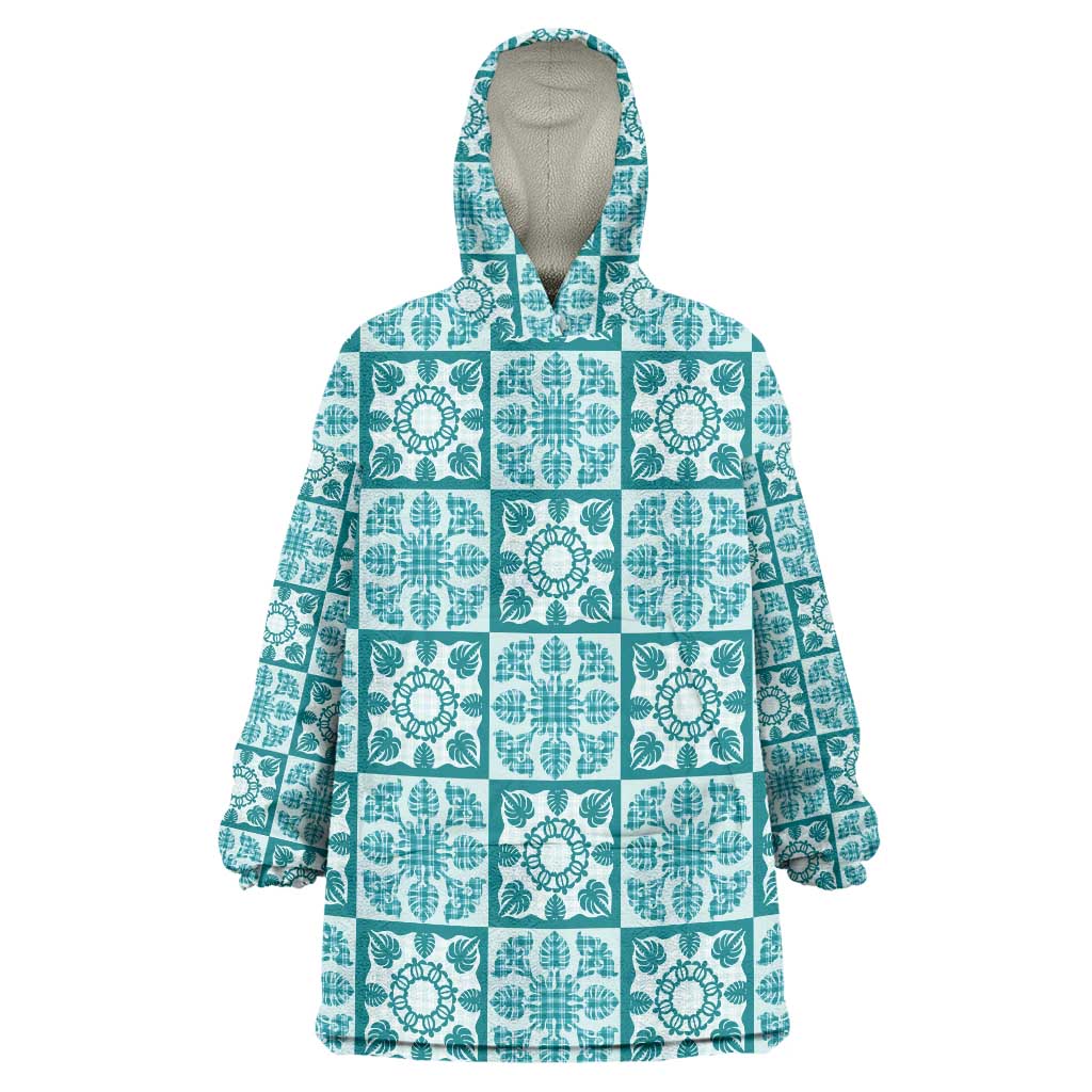 Cyan Palaka Quilt Hawaii Wearable Blanket Hoodie Hawaiian Tropical Monstera Sea Turtle