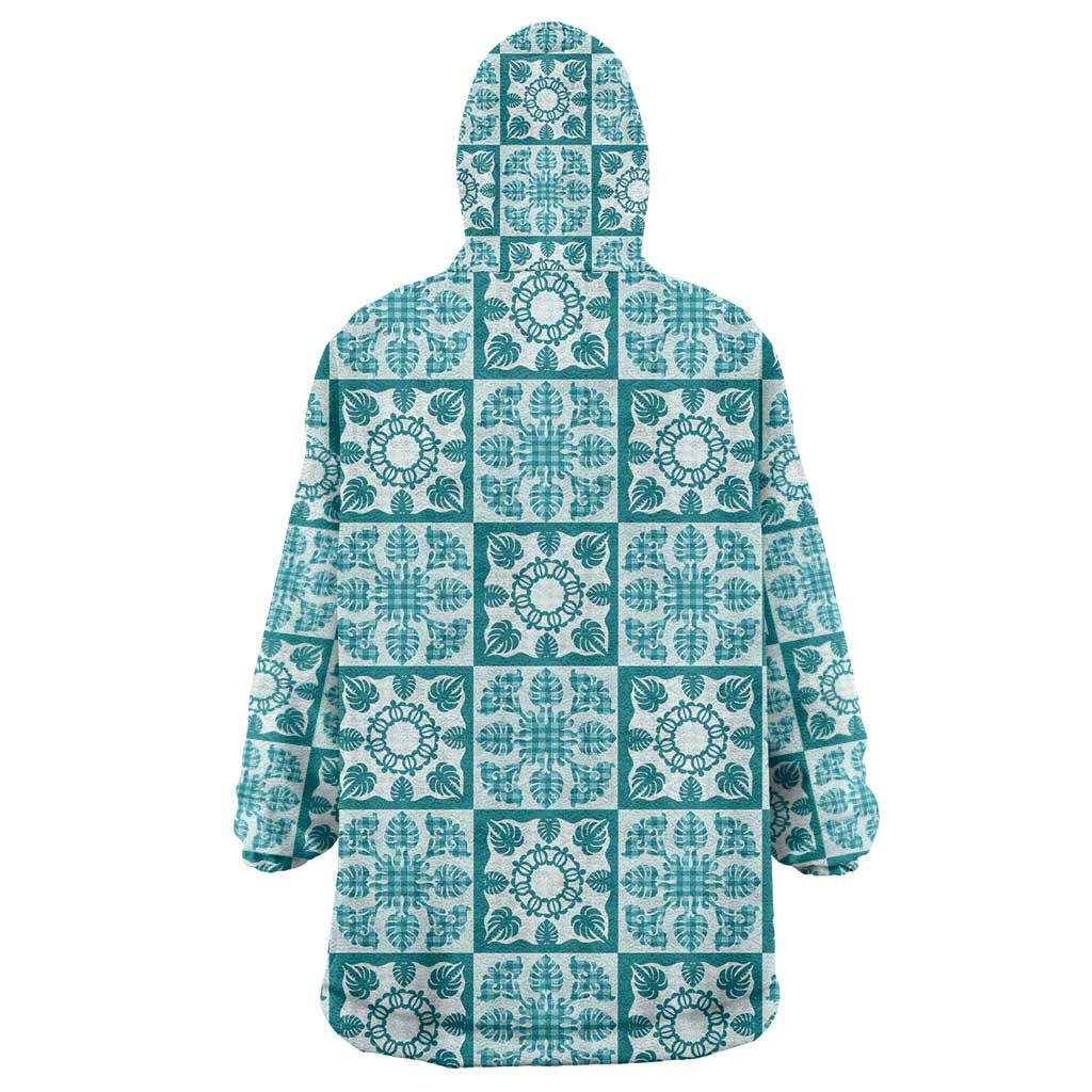 Cyan Palaka Quilt Hawaii Wearable Blanket Hoodie Hawaiian Tropical Monstera Sea Turtle