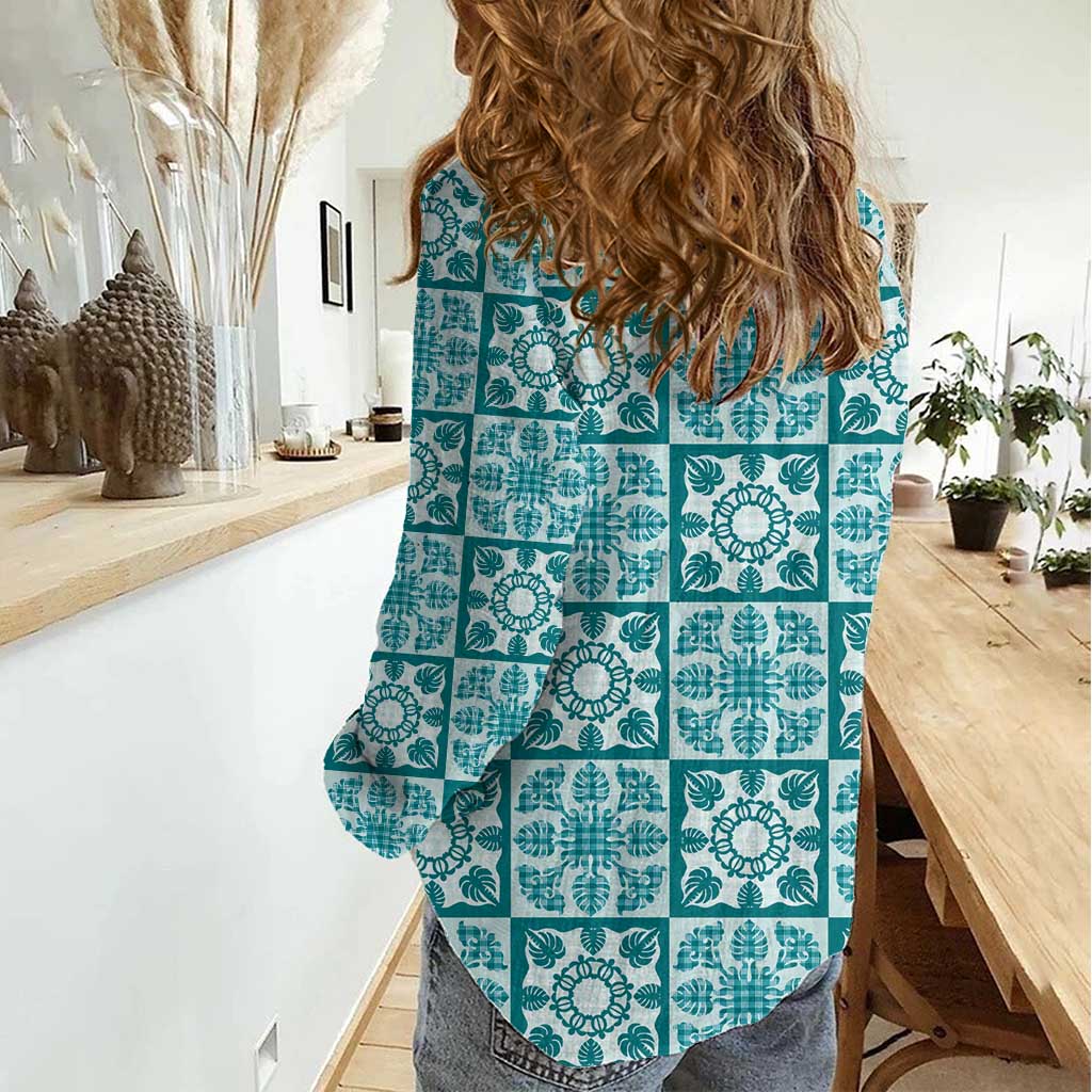 Cyan Palaka Quilt Hawaii Women Casual Shirt Hawaiian Tropical Monstera Sea Turtle LT14 - Polynesian Pride