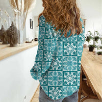 Cyan Palaka Quilt Hawaii Women Casual Shirt Hawaiian Tropical Monstera Sea Turtle LT14 - Polynesian Pride