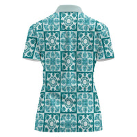 Cyan Palaka Quilt Hawaii Women Polo Shirt Hawaiian Tropical Monstera Sea Turtle LT14 - Polynesian Pride