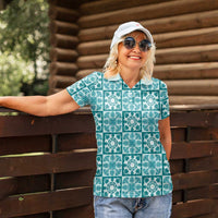 Cyan Palaka Quilt Hawaii Women Polo Shirt Hawaiian Tropical Monstera Sea Turtle LT14 - Polynesian Pride