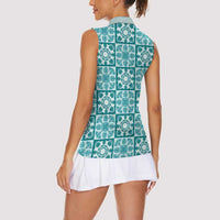 Cyan Palaka Quilt Hawaii Women Sleeveless Polo Shirt Hawaiian Tropical Monstera Sea Turtle
