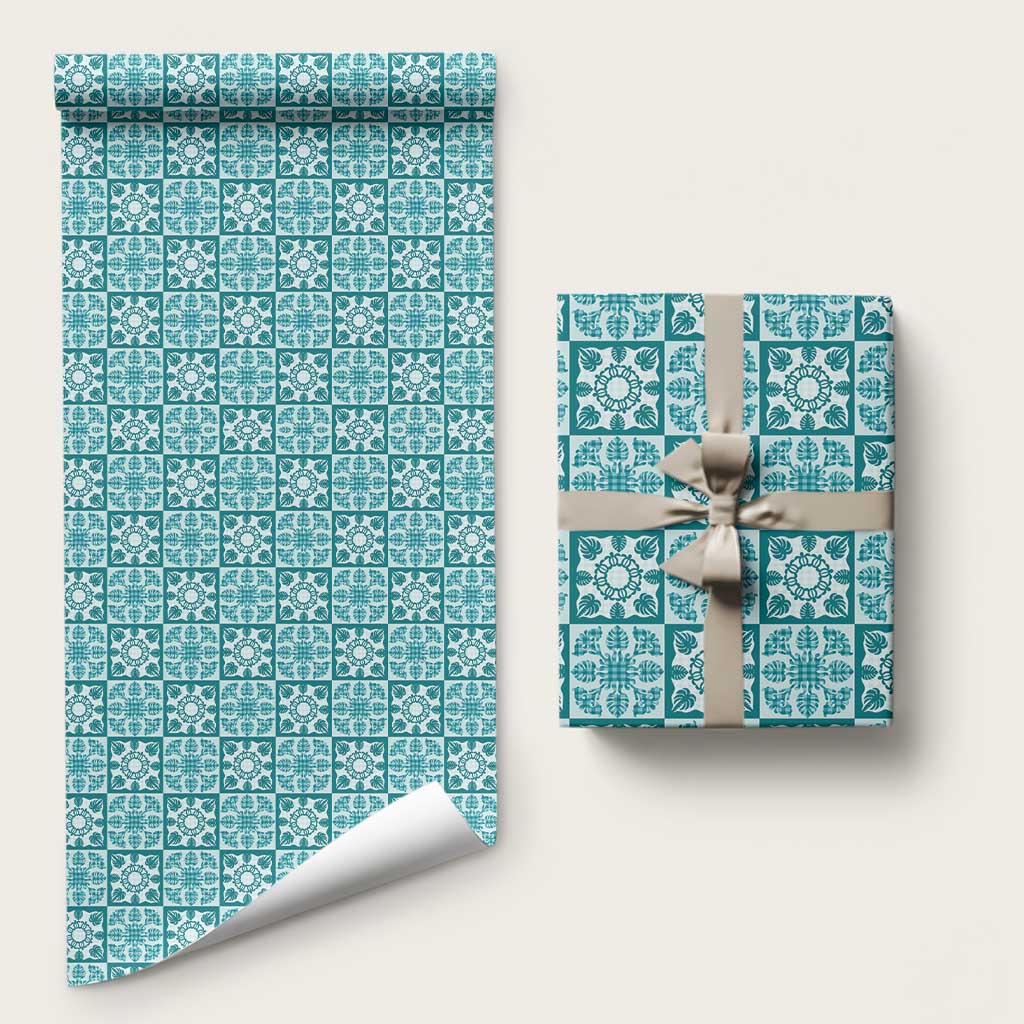 Cyan Palaka Quilt Hawaii Wrapping Paper Hawaiian Tropical Monstera Sea Turtle