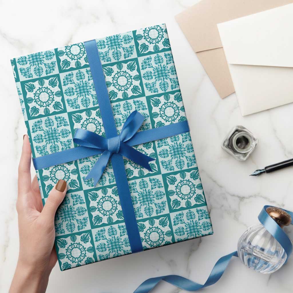 Cyan Palaka Quilt Hawaii Wrapping Paper Hawaiian Tropical Monstera Sea Turtle