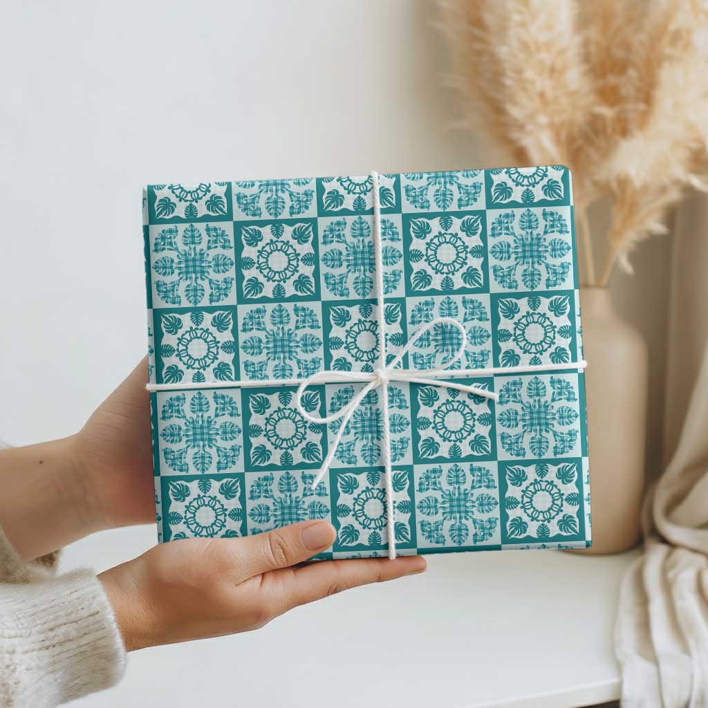 Cyan Palaka Quilt Hawaii Wrapping Paper Hawaiian Tropical Monstera Sea Turtle