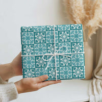 Cyan Palaka Quilt Hawaii Wrapping Paper Hawaiian Tropical Monstera Sea Turtle