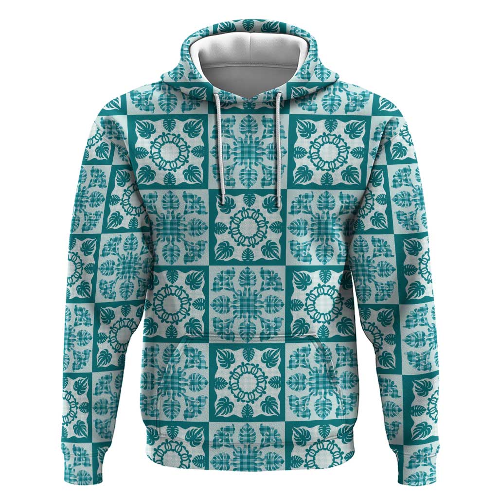 Cyan Palaka Quilt Hawaii Zip Hoodie Hawaiian Tropical Monstera Sea Turtle
