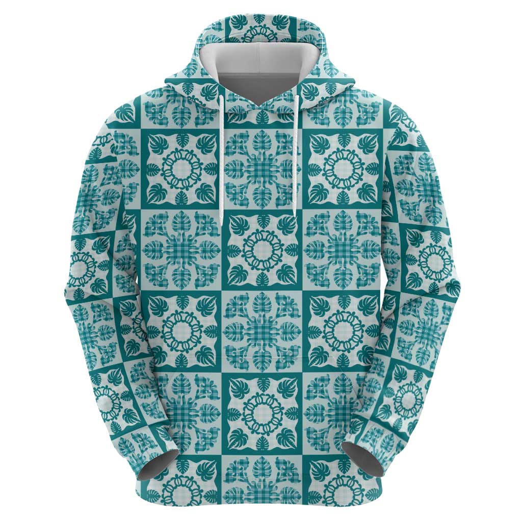 Cyan Palaka Quilt Hawaii Zip Hoodie Hawaiian Tropical Monstera Sea Turtle