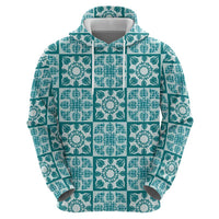 Cyan Palaka Quilt Hawaii Zip Hoodie Hawaiian Tropical Monstera Sea Turtle