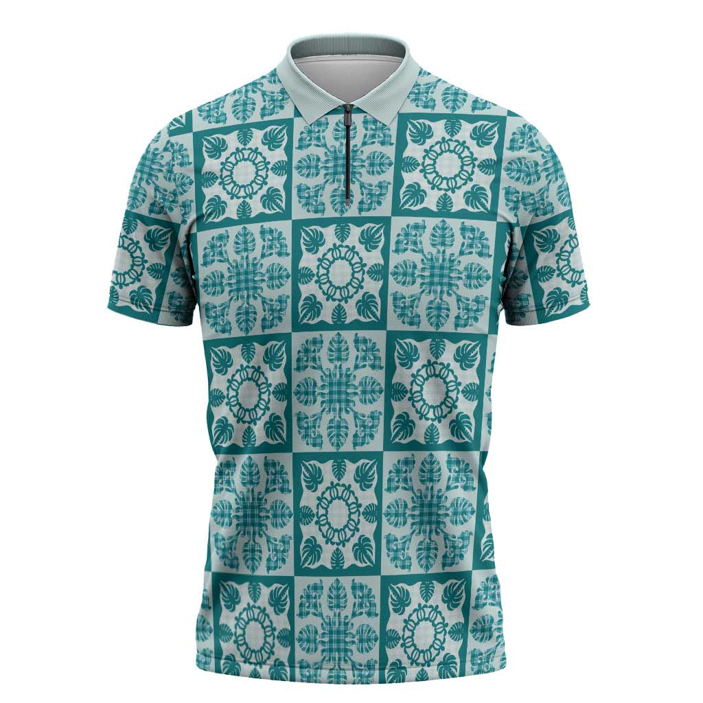 Cyan Palaka Quilt Hawaii Zipper Polo Shirt Hawaiian Tropical Monstera Sea Turtle LT14 Cyan - Polynesian Pride